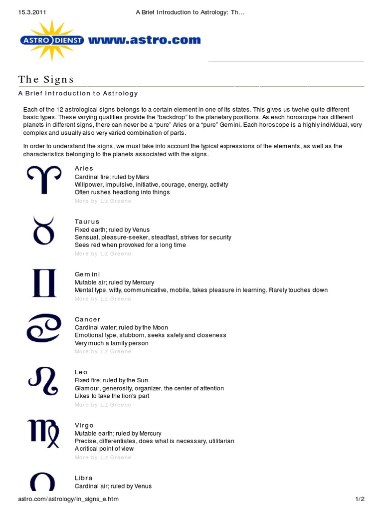 A Brief Introduction To Astrology - The Signs - Astrodienst | PDF ...