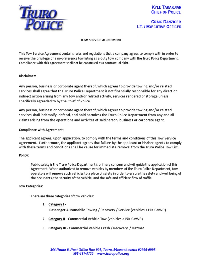 Truro Police Department Tow Agreement | PDF | Truck | Police
