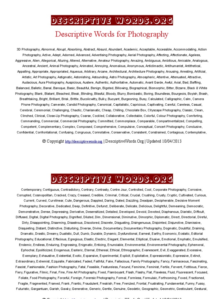 Descriptive Words for Photography Imaging Art Media