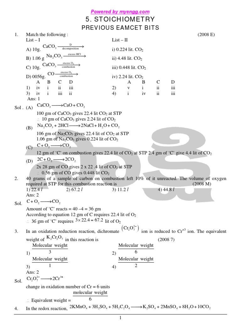 Stoichiometry Previous Eamcet Bits PDF Stoichiometry Sodium