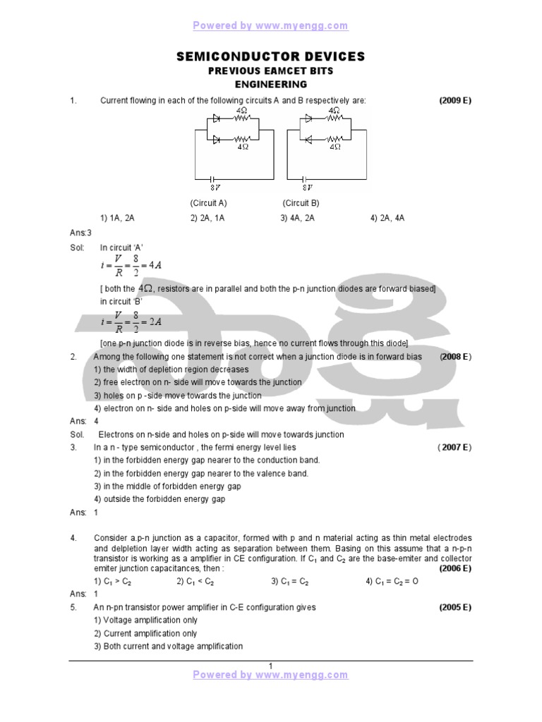 Semiconductor Devices EAMCET Questions | PDF | P–N Junction | Bipolar ...