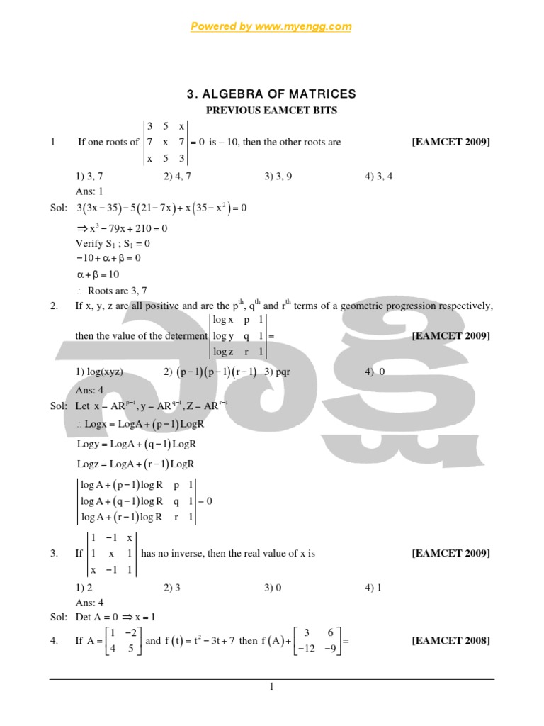 Algebra of Matrices Previous Eamcet Bits PDF Matrix (Mathematics
