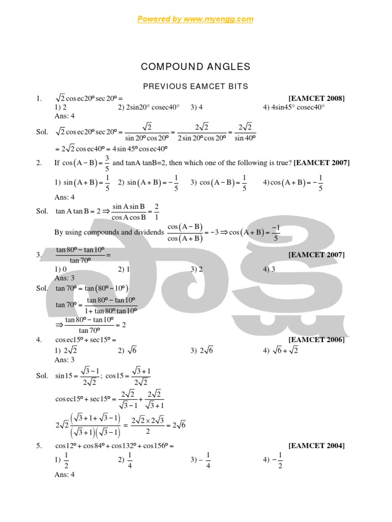 Compound Angles in Trigonometry | PDF | Trigonometric Functions ...