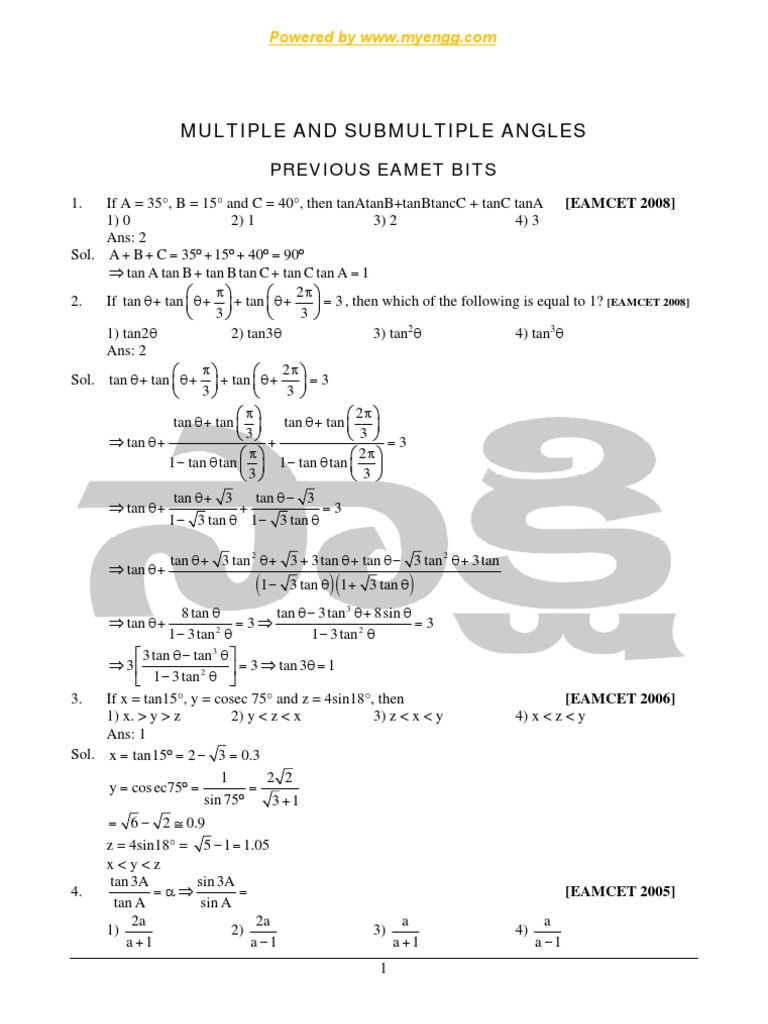 Multiple and Submultiple Angles Formulas | PDF | Special Functions ...