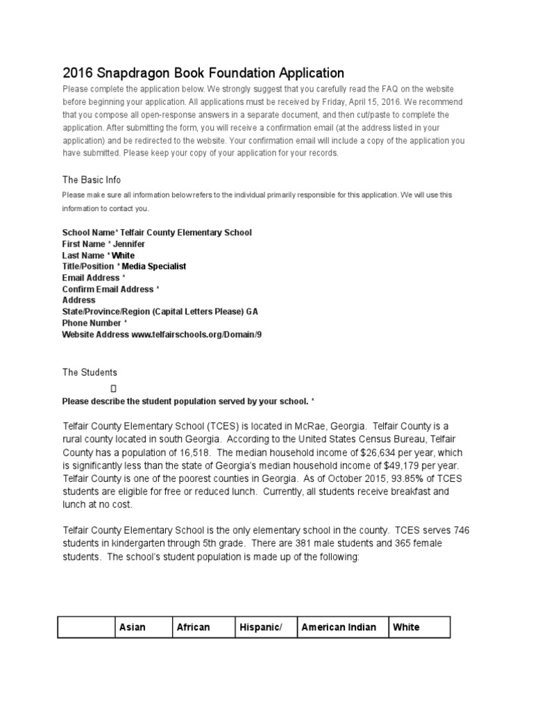 2016 Snapdragon Book Foundation Application The Basic Info PDF
