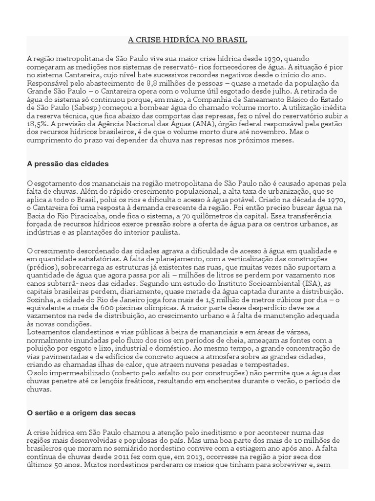 Redação Sobre A Crise Hidrica No Brasil