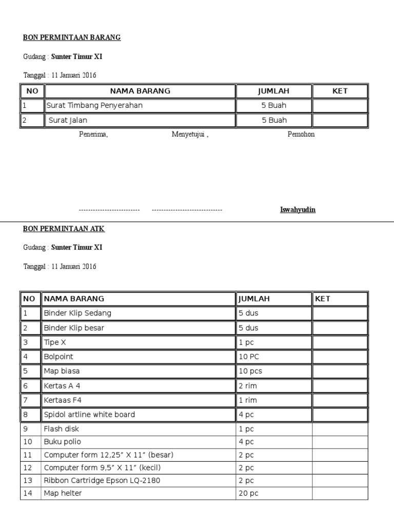 Contoh Format Permintaan Barang Atk