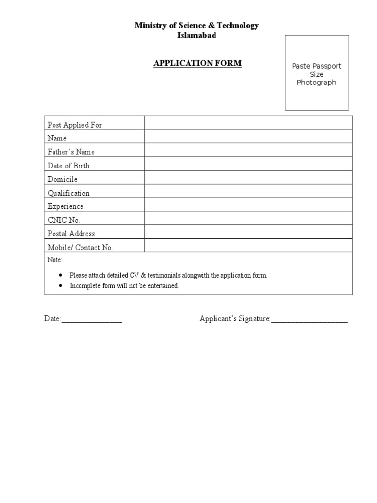 Ministry of Science & Technology Islamabad Application Form | PDF