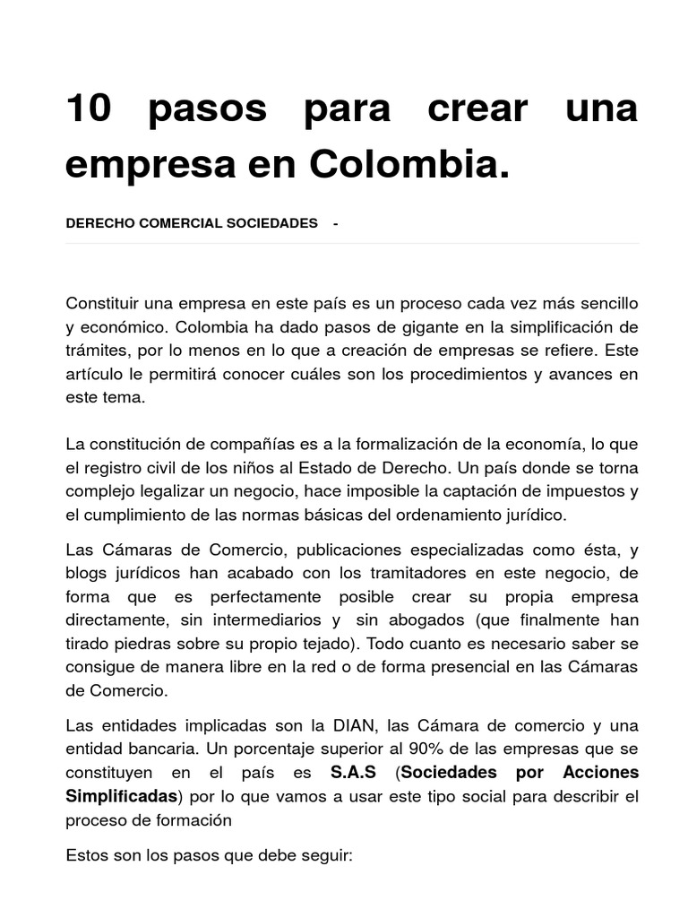 10 Pasos para Crear Una Empresa en Colombia S.a.S. | PDF | Comercio ...