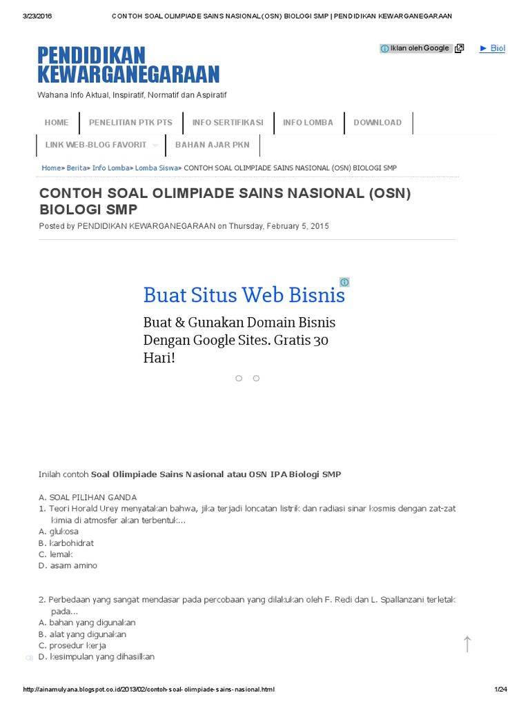 Contoh soal essay olimpiade biologi smp 06 picture