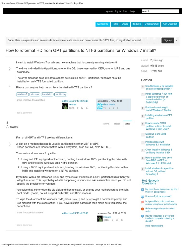 How To Reformat HD From GPT Partitions To NTFS Partitions For Windows 7