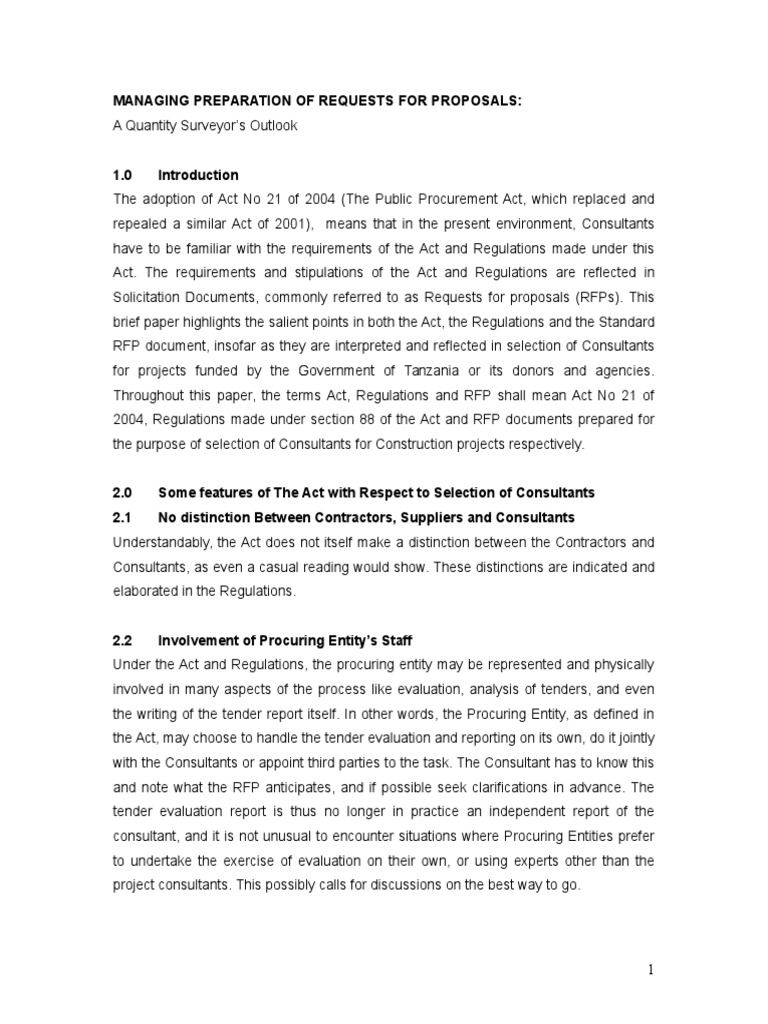 Managing Preparation Of Requests For Proposals Pdf Request For