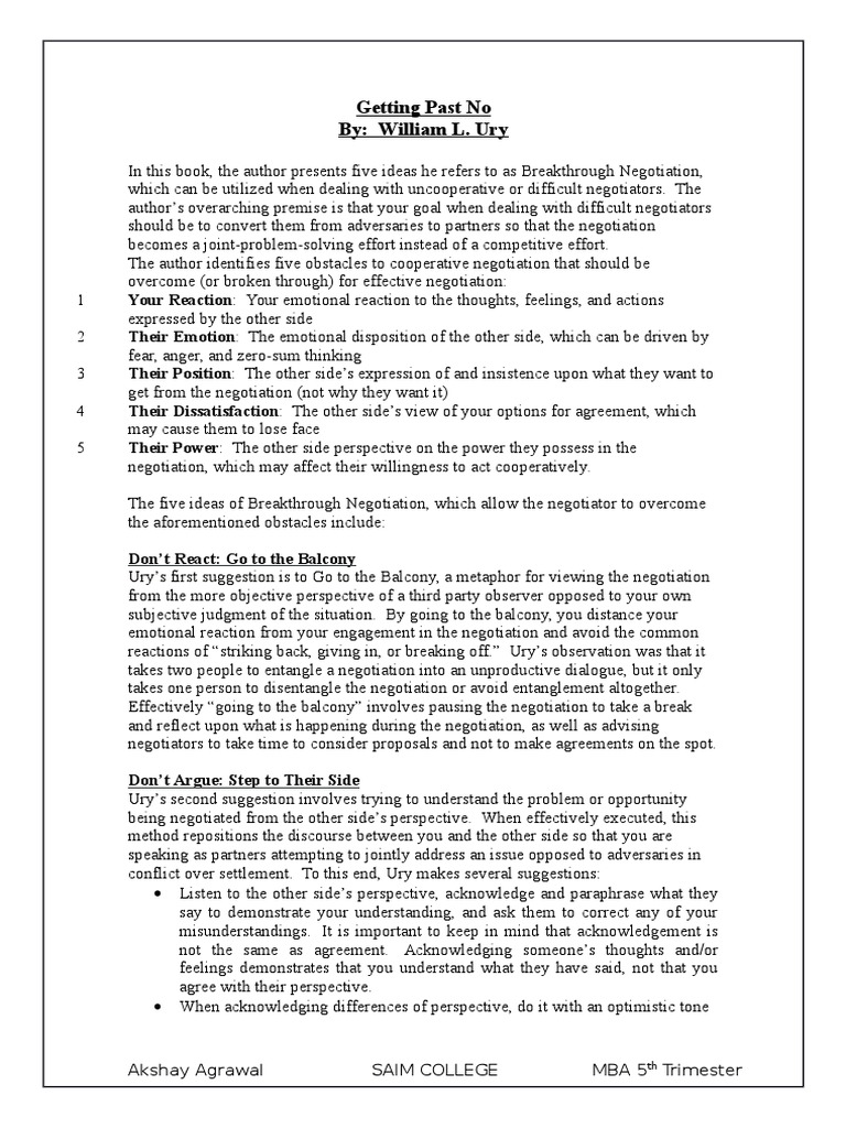 Getting Past No By: William L. Ury | PDF | Negotiation | Emotions