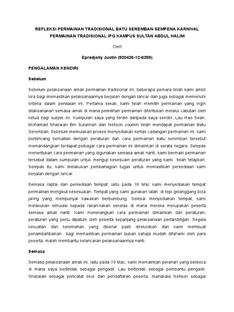 Refleksi Permainan Tradisional Batu Seremban Sempena 