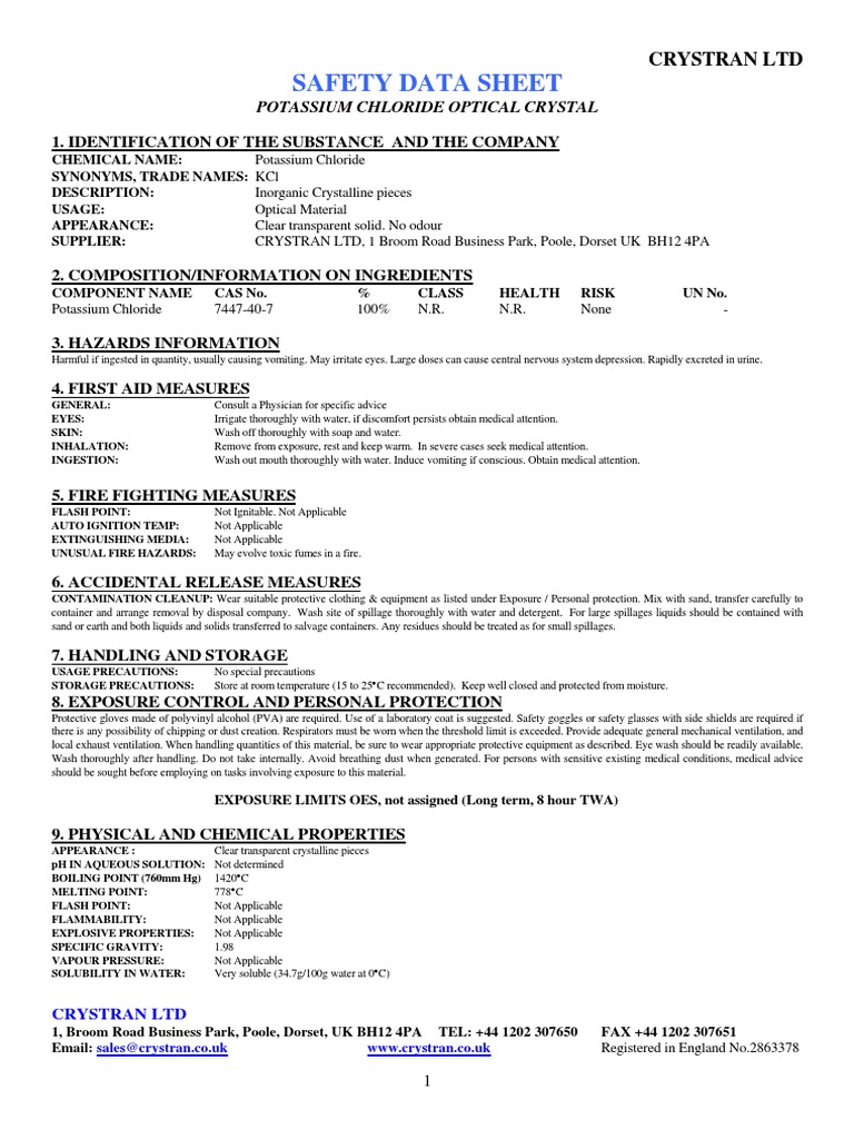 Potassium Chloride Kcl Msds (2) Potassium Chloride Materials