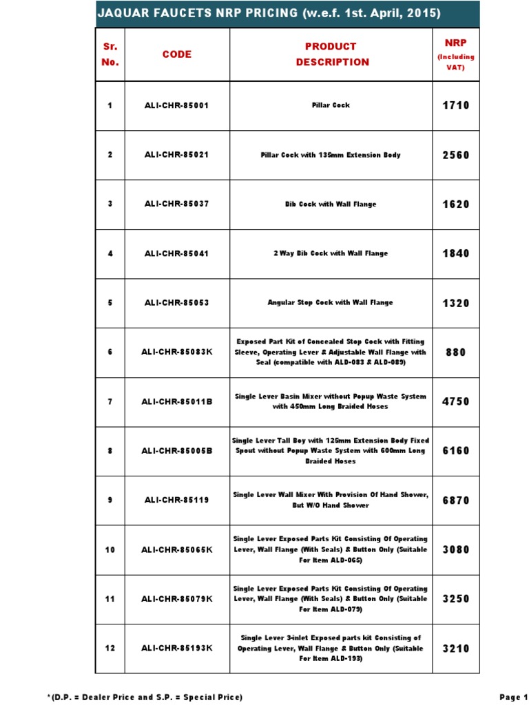 Jaquar 2015 Price List PDF Tap (Valve) Shower