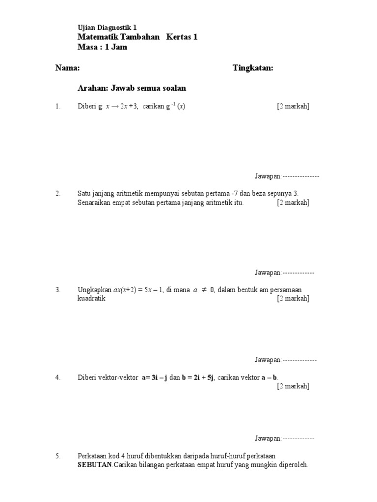 Soalan Ujian Matematik Tambahan Tingkatan 4 - Kia Contoh