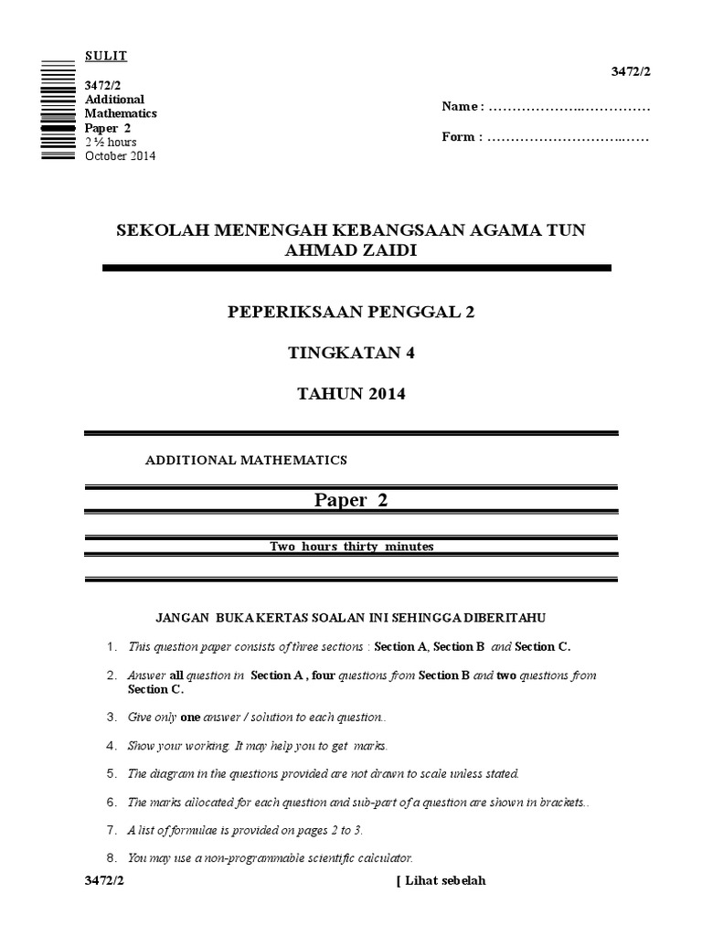 Paper 2 Add Math Form 4 Pdf Area Triangle
