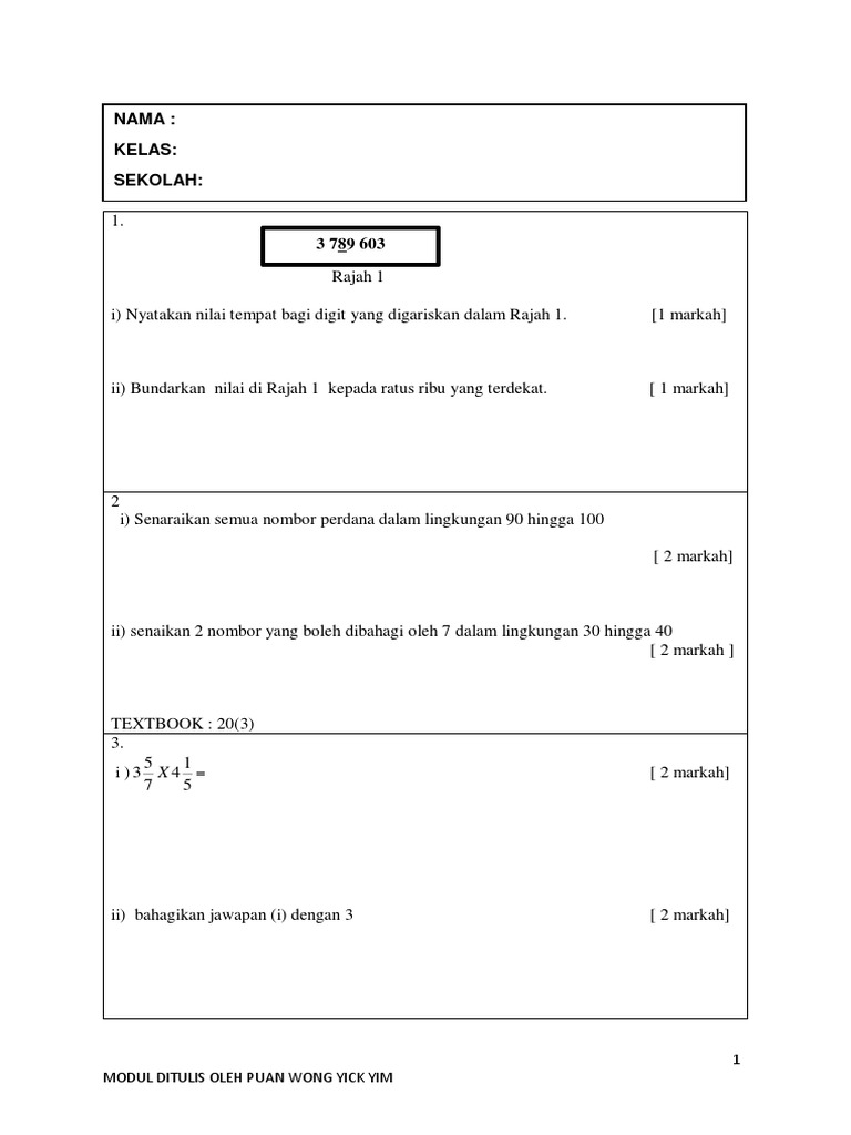 Soalan matematik tahun 6 ( format baharu)