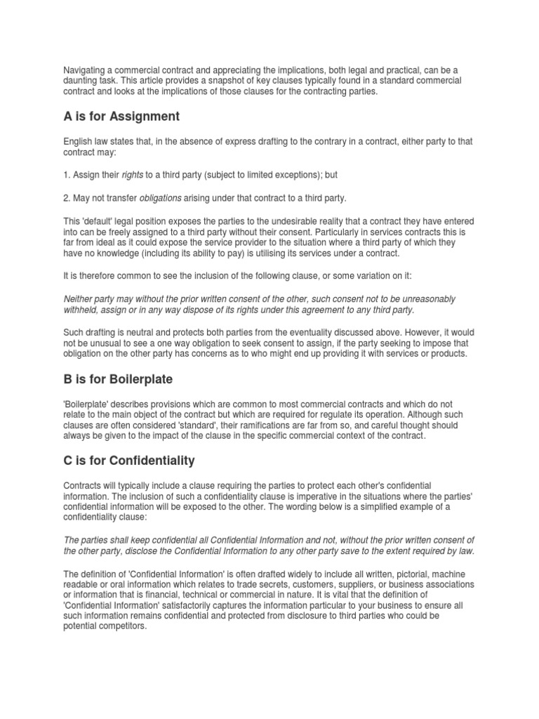 Key Clauses in Commercial Contracts | PDF | Indemnity | Confidentiality