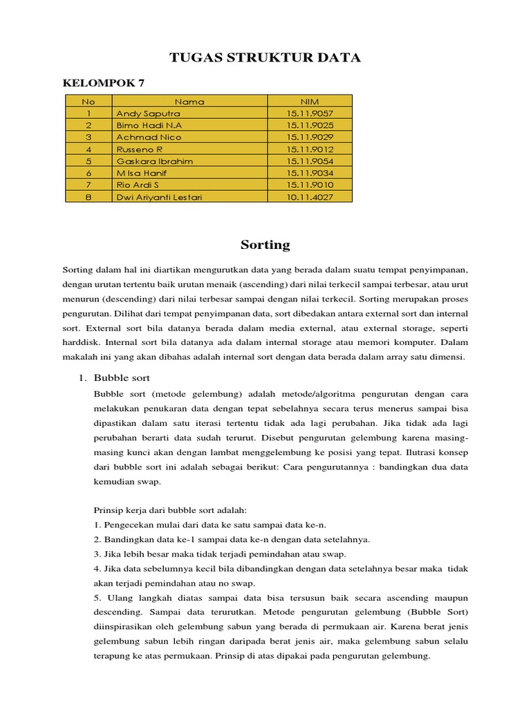 Tugas Sorting Data Struktur Data | PDF | Metode & Bahan Ajar
