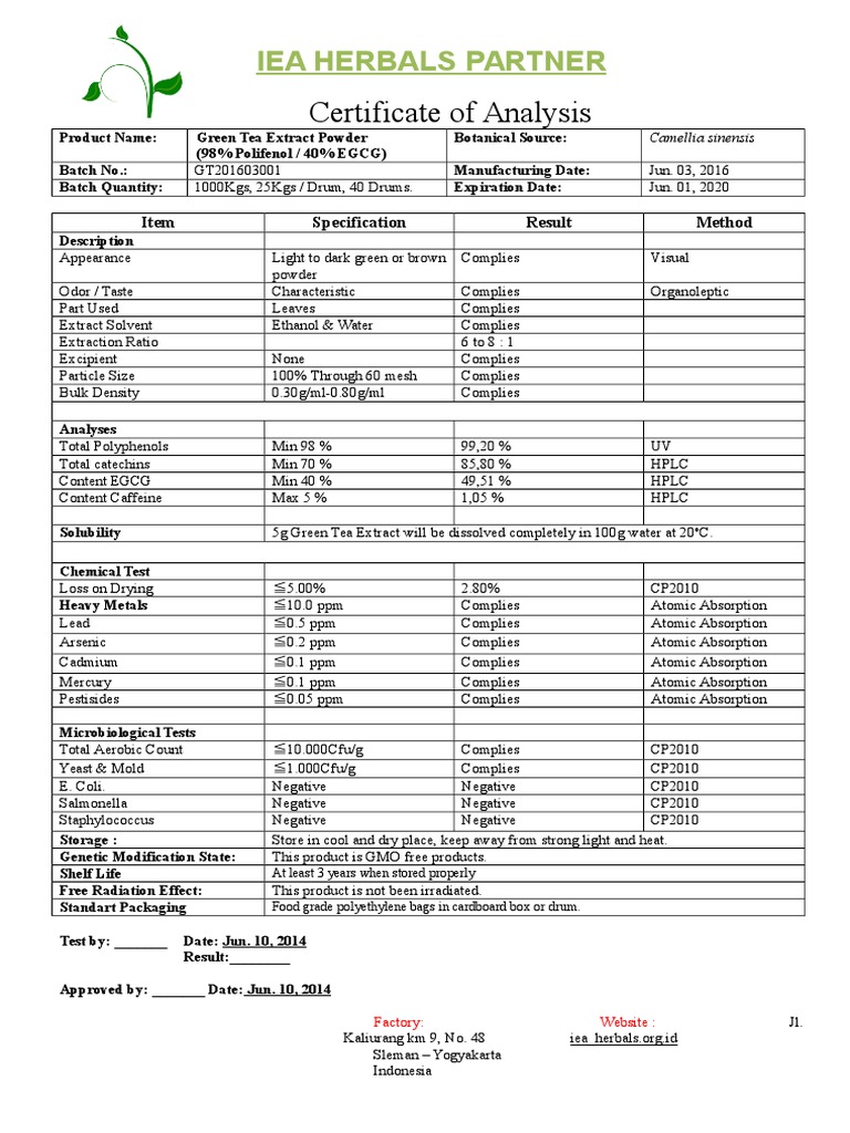 COA Green Tea Exctract