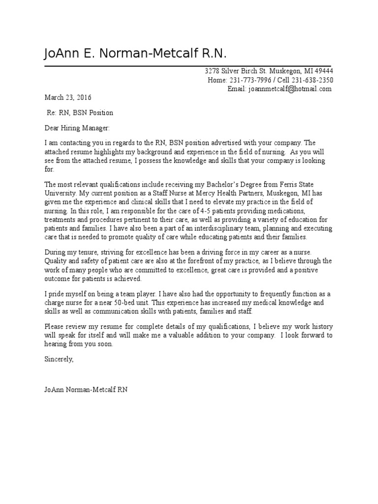 RN, BSN Job Application Letter | PDF