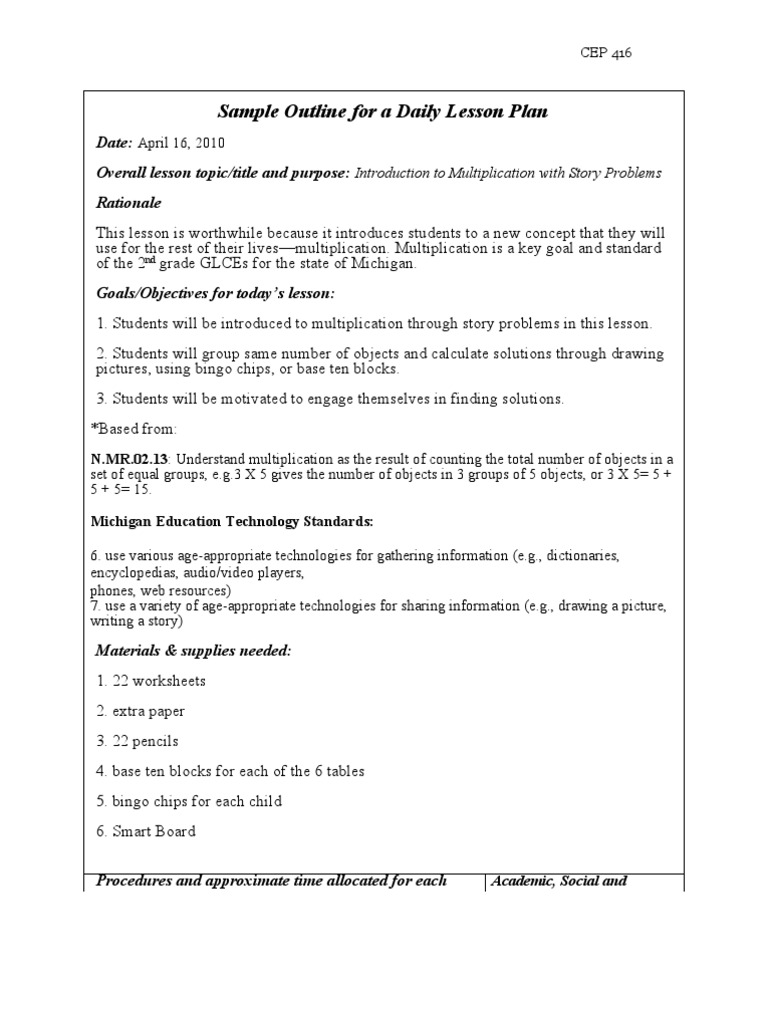 Sample Outline For A Daily Lesson Plan: Date: Overall Lesson Topic ...