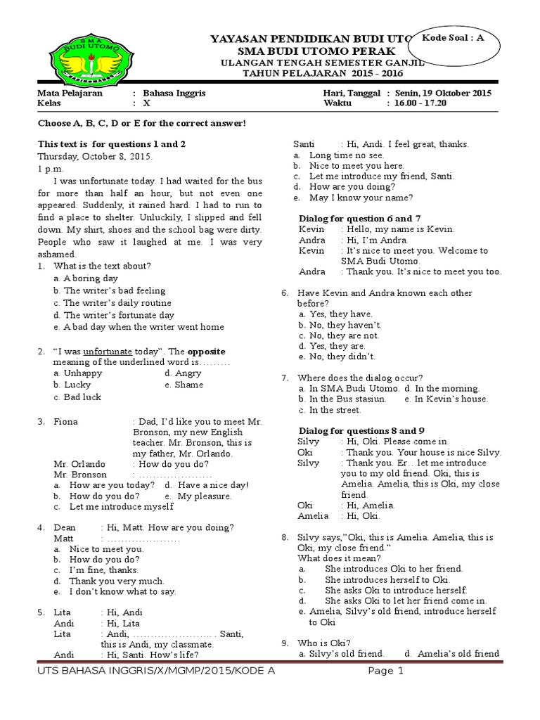 Soal Bhs Inggris Kls X Sma K13