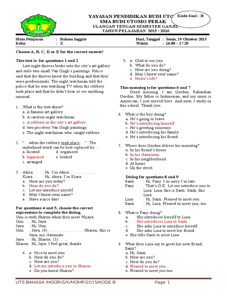 Soal Uts Bhs Inggris Smk Kelas X Semester 2