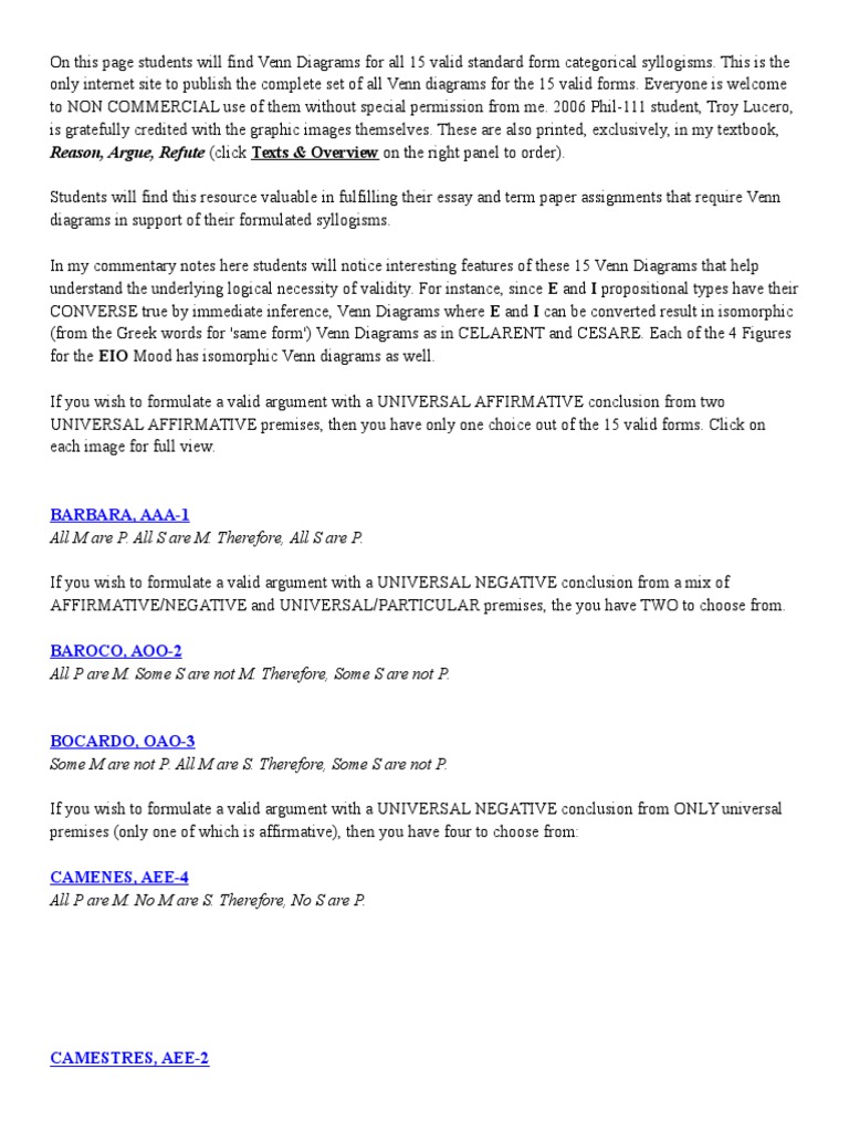 Venn Diagrams for All 15 Valid Standard Form Categorical Syllogisms Validity Argument