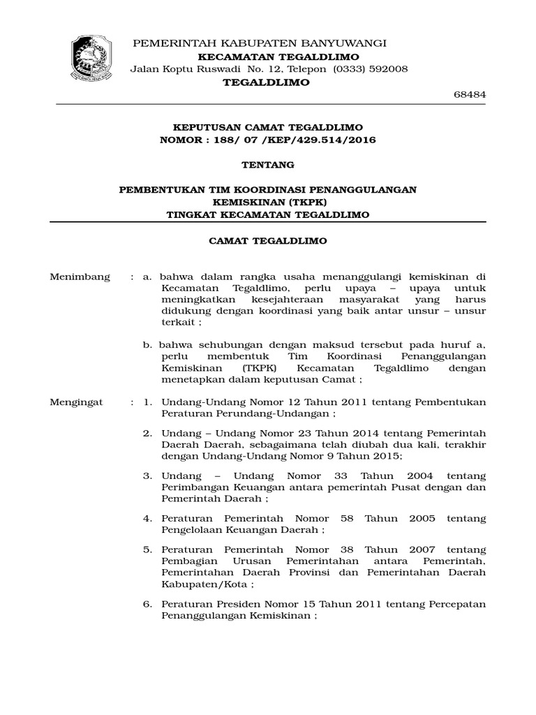 Sk Camat Tegaldlimo tentang Tim Penanggulangan Kemiskinan