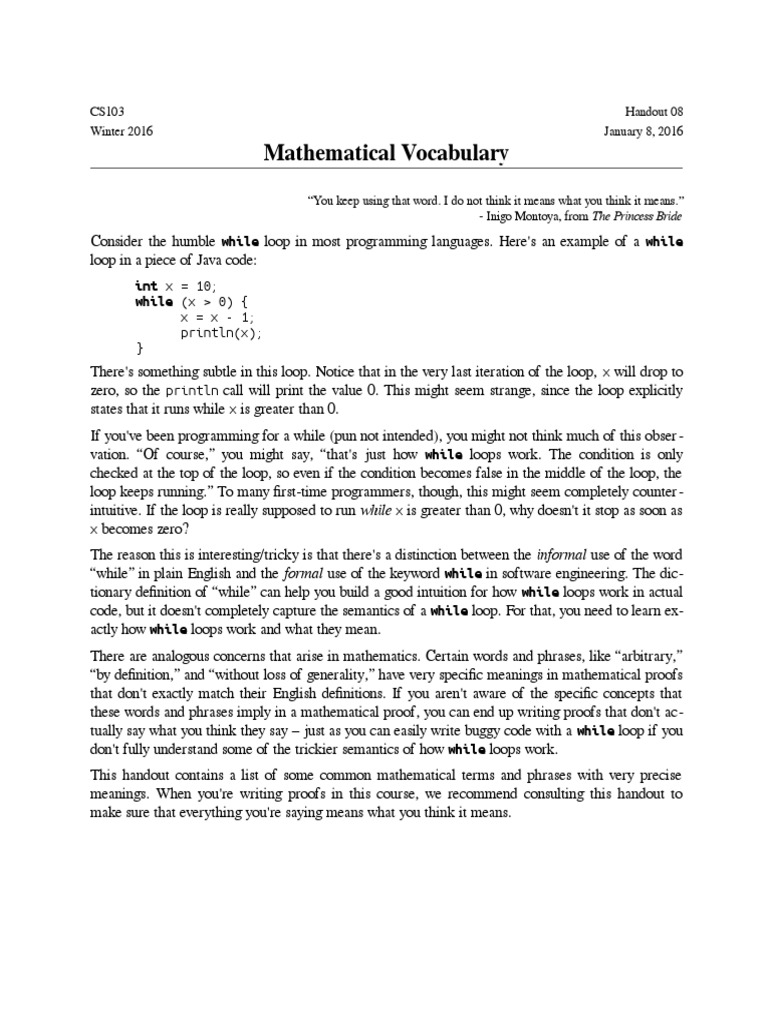 Mathematical Vocabulary Int X 10 While (X 0) ( PDF Mathematical