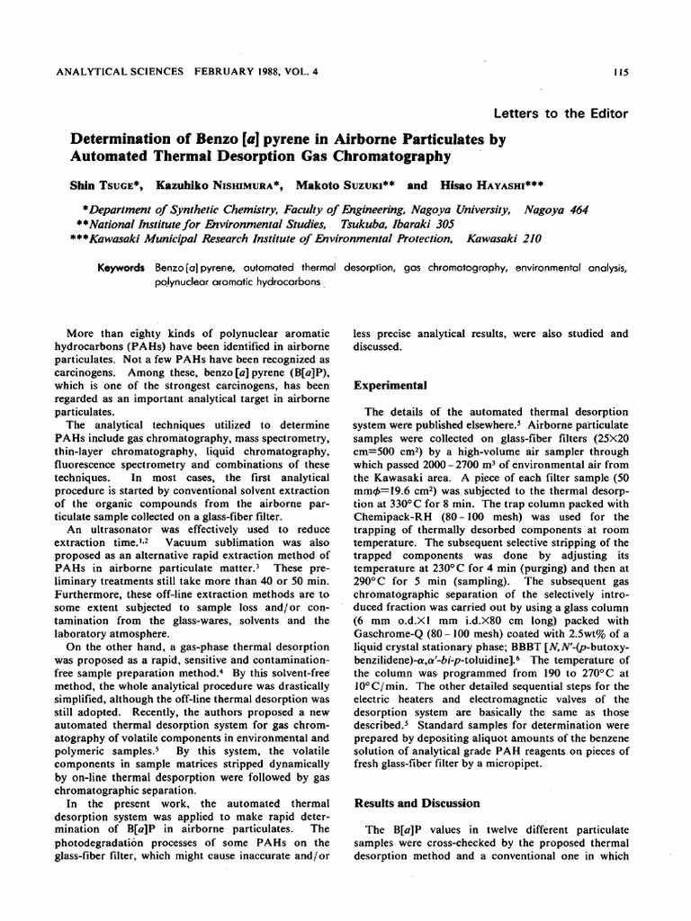 Determination of Benzo (A) Pyrene in Airborne Particulates by | PDF ...