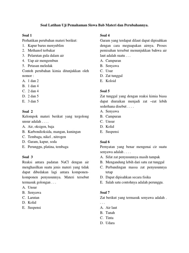 Soal Latihan Uji Pemahaman Siswa Bab Materi Dan Perubahannya