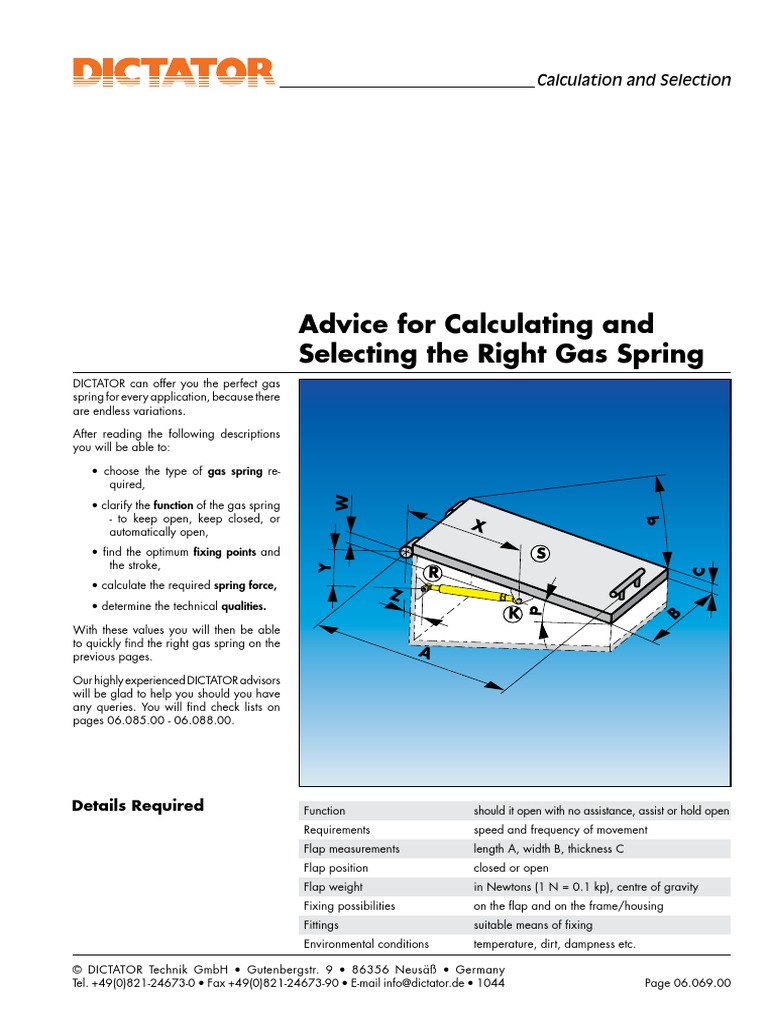 Gas Springs Selecting and Calculating Weight Piston Free 30day