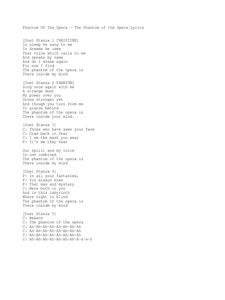 Phantom Of The Opera Lyrics