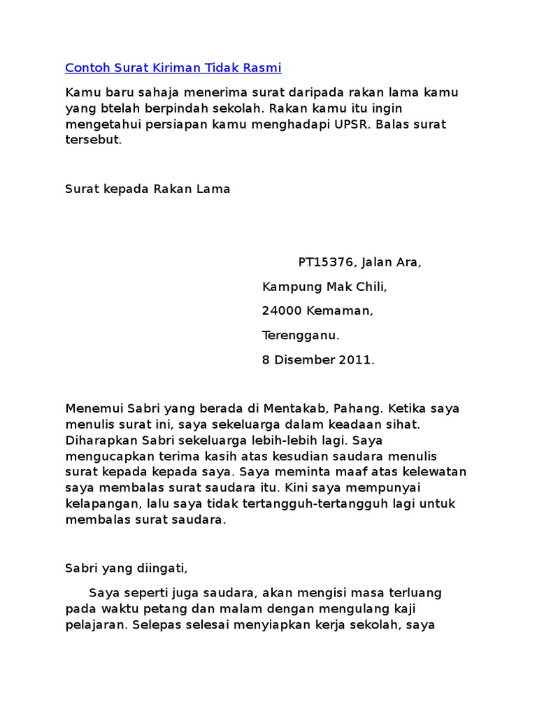 Contoh Surat Kiriman Tidak Rasmi Contoh Surat Kiriman Tidak Rasmi