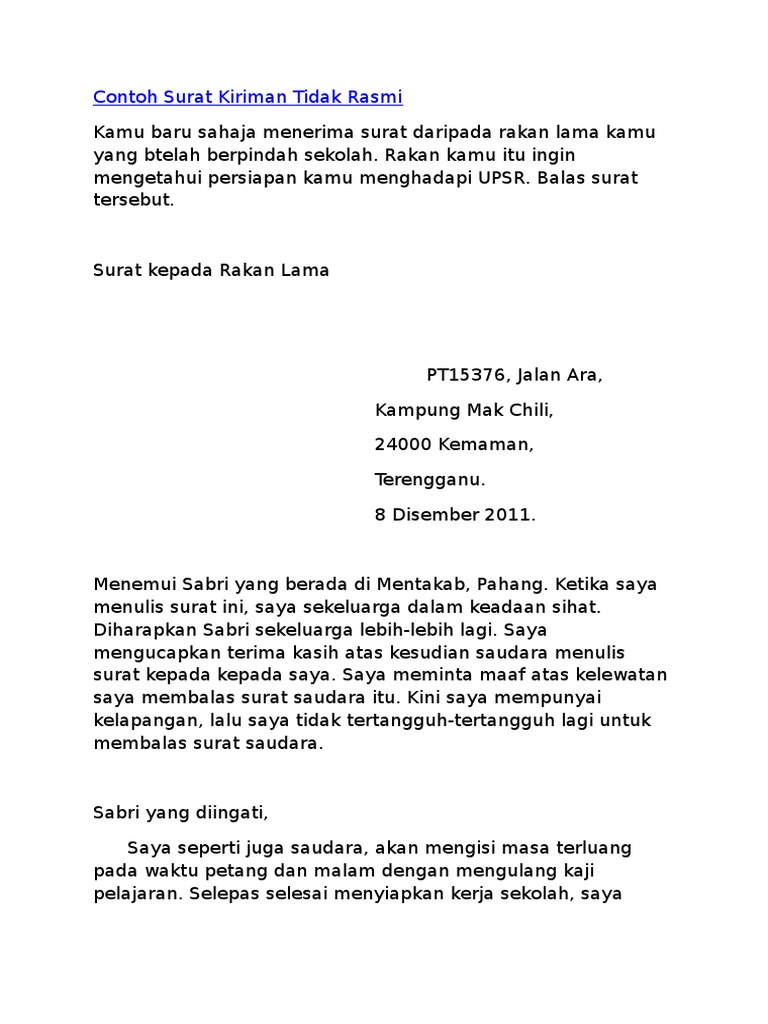 Contoh Karangan Surat Tidak Rasmi Untuk Guru - Contoh Alkali