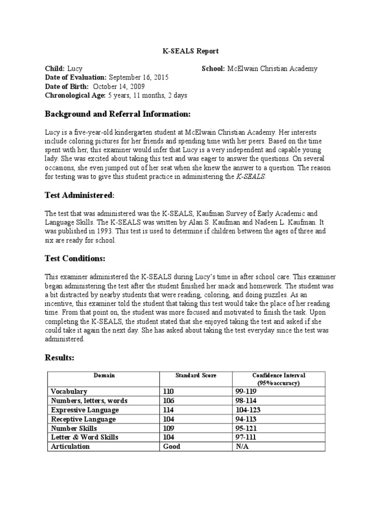 K Seals PDF Standard Score Test (Assessment)