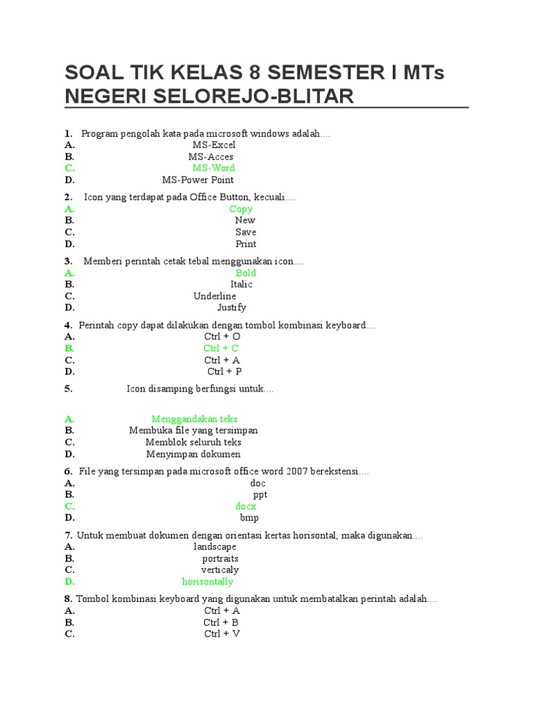 Soal Tik Kelas 8 Semester I Mts Negeri Selorejo