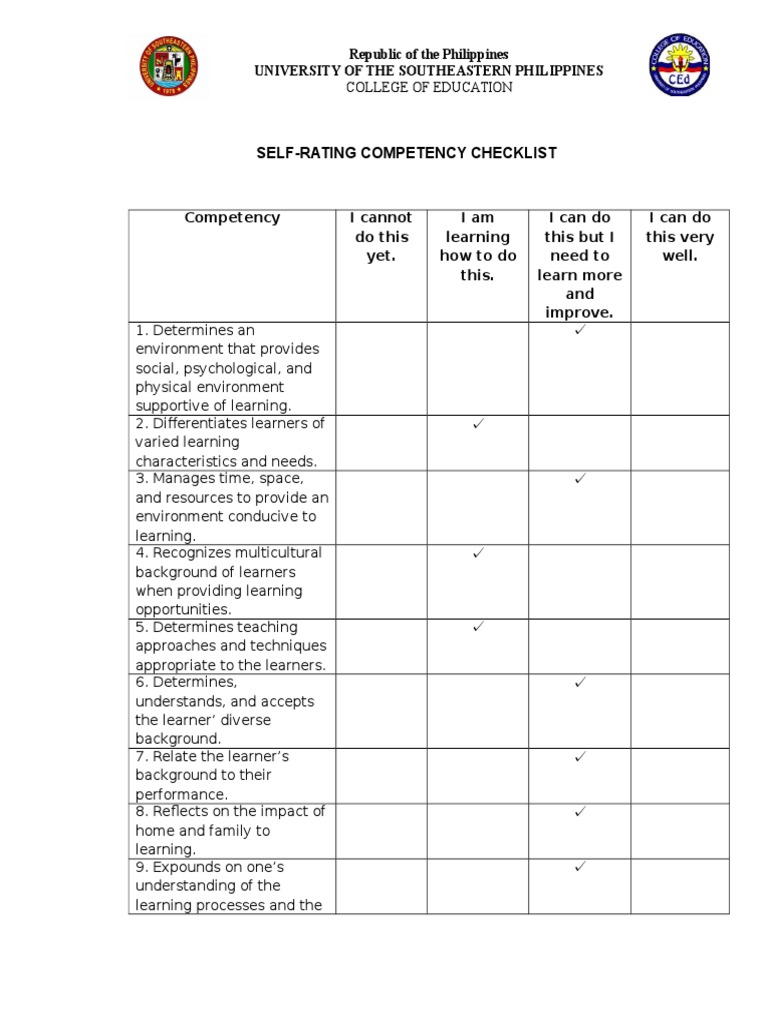 Self-Rating Competency Checklist | PDF