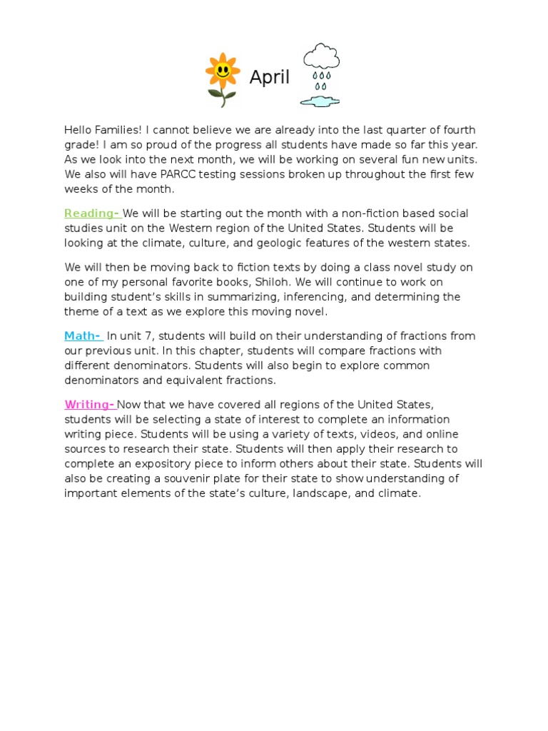 April Curriculum Update for Fourth Grade | PDF