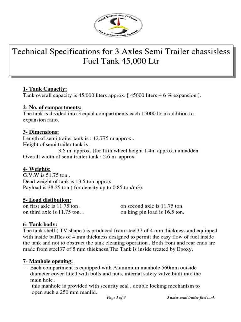 3-Axle Semi Trailer Fuel Tank Specs | PDF | Semi Trailer Truck | Axle