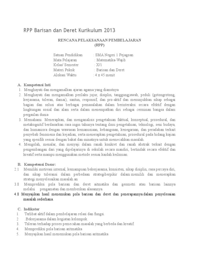 Rpp Barisan Dan Deret Kurikulum 2013