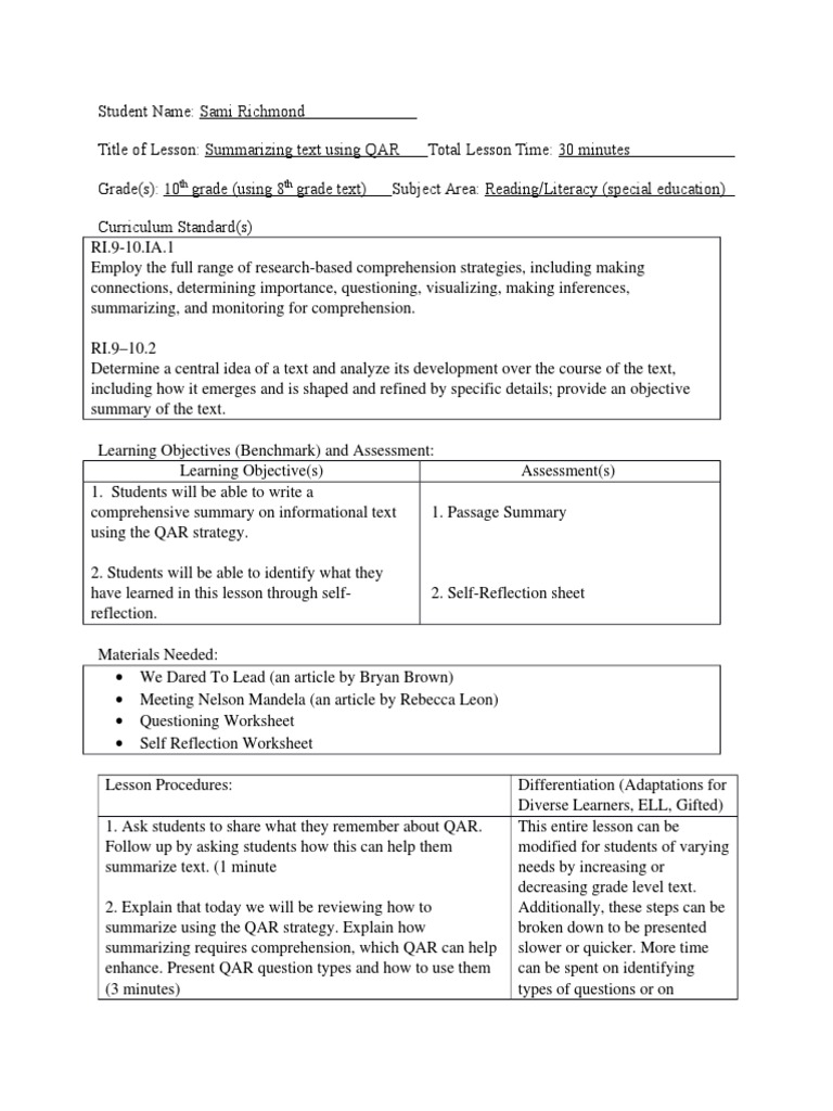 qar lesson pdf reading comprehension educational assessment