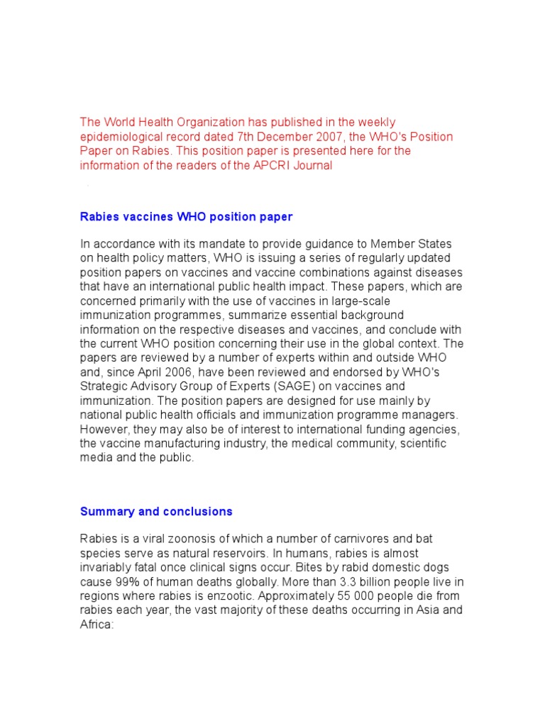 Rabies Vaccines WHO Position Paper | PDF | Rabies | Vaccines