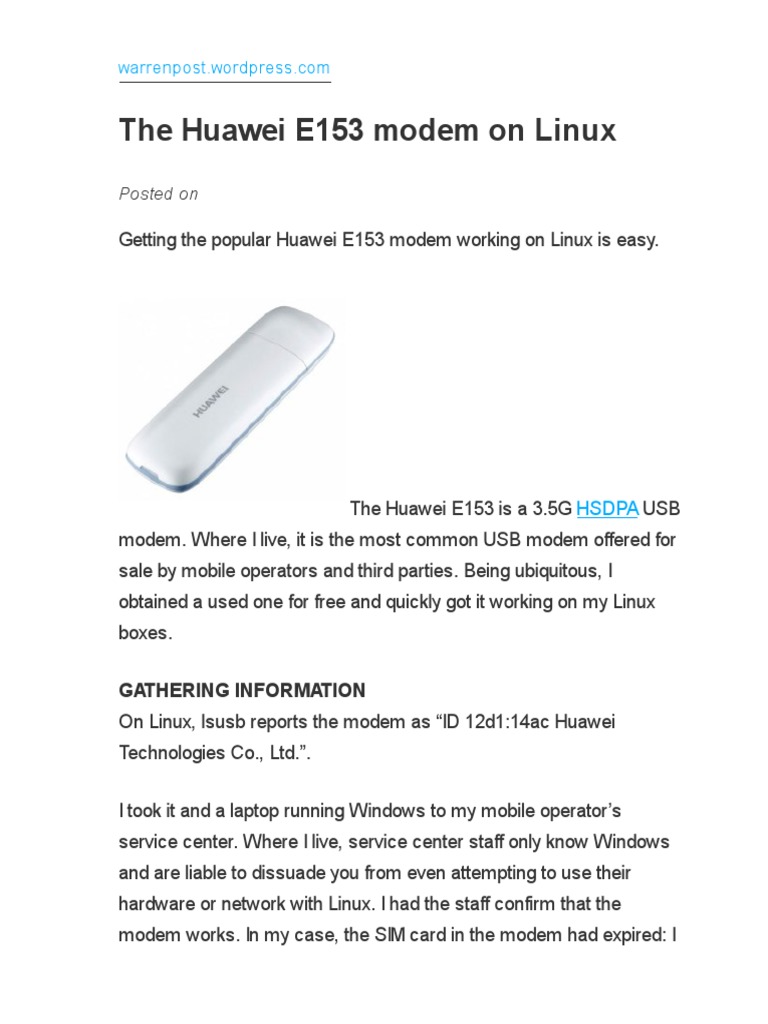 The Huawei E153 Modem On Linux | PDF | Modem | Linux