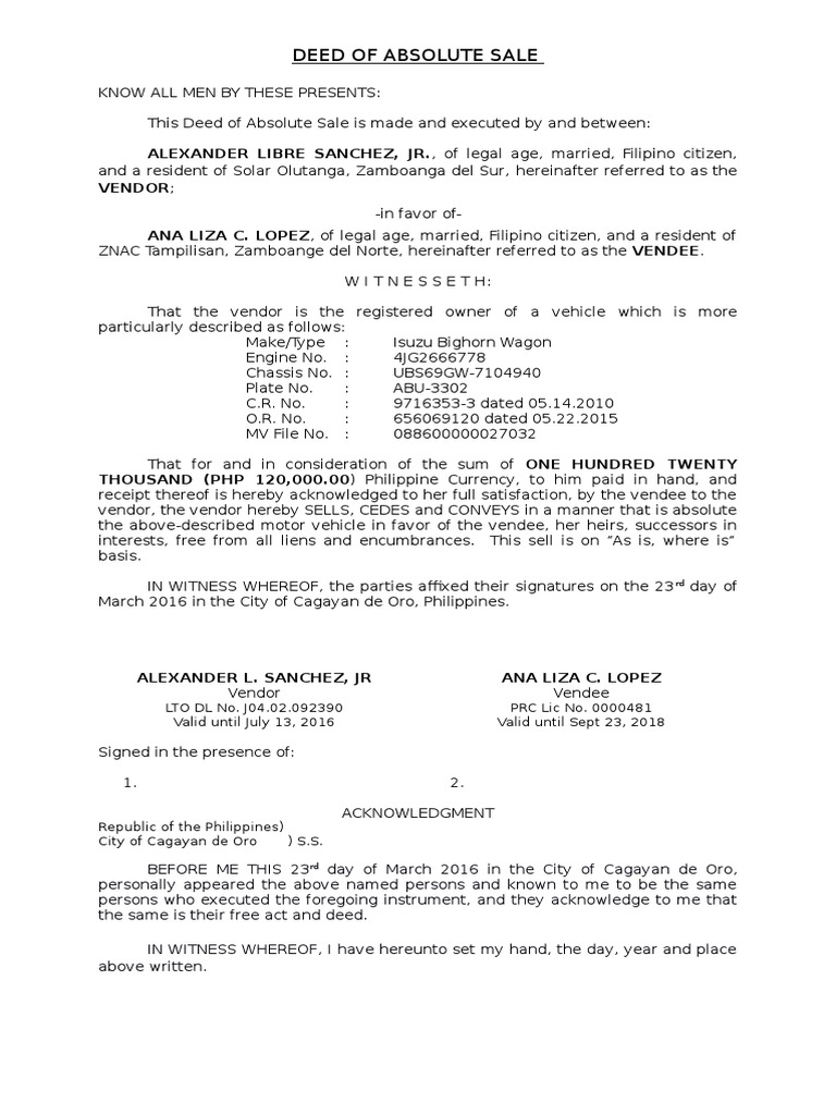 Deed of Sale (Motor Vehicle) Sample | PDF