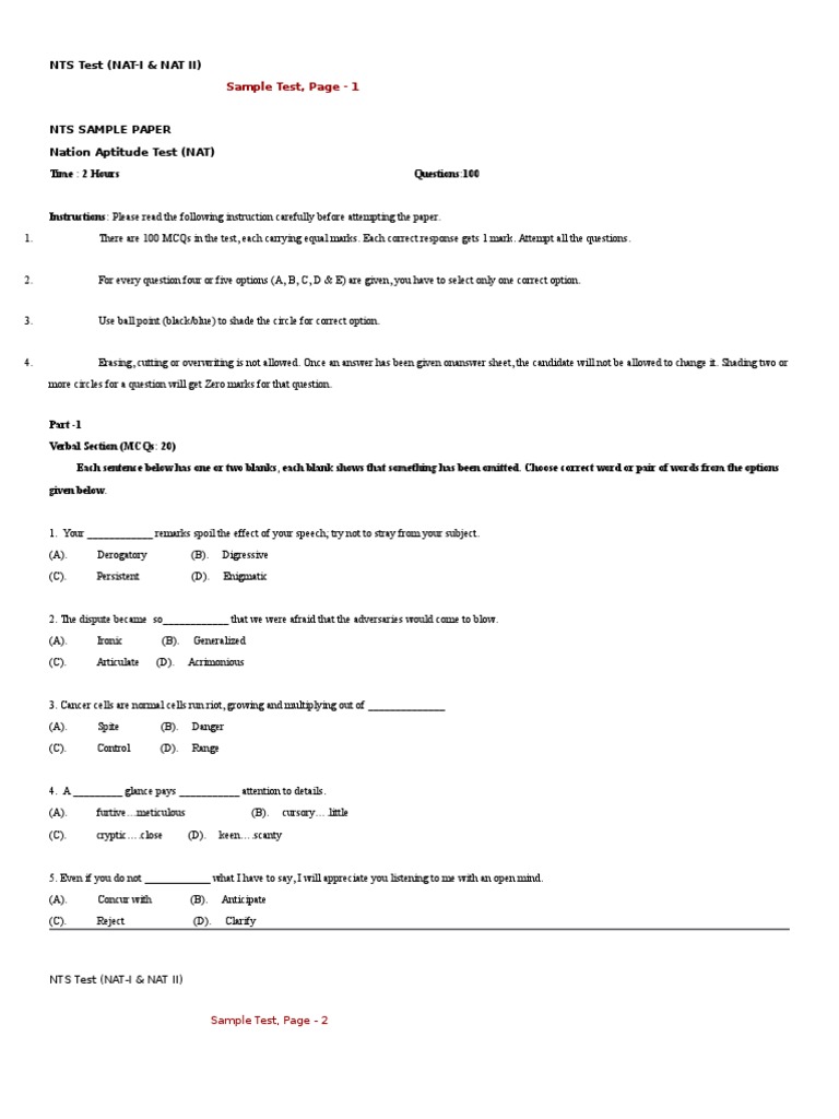 NTS Past Papers Multiple Choice Test (Assessment)